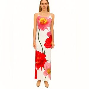 Floral Maxi Slip Dress - White with Red & Pink Blooms